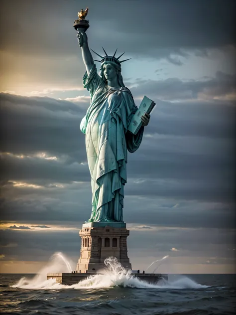 (lady-liberty), the liberty statue in pieces outdoor in the sea. the statue has fallen and lies in pieces. the head emerges from...