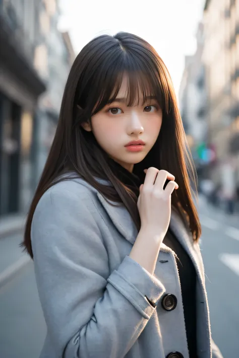  (8k, RAW Photos, highest quality, masterpiece:1.3), (Realistic, photo-Realistic:1.4), (Highly detailed 8k wallpaper), Sharp focus, Depth of written boundary,
 Japanese Idols,very cute,10 years old ,(coat: 1.3),(Long and straight hair :1.3 ), Upper Body, H...