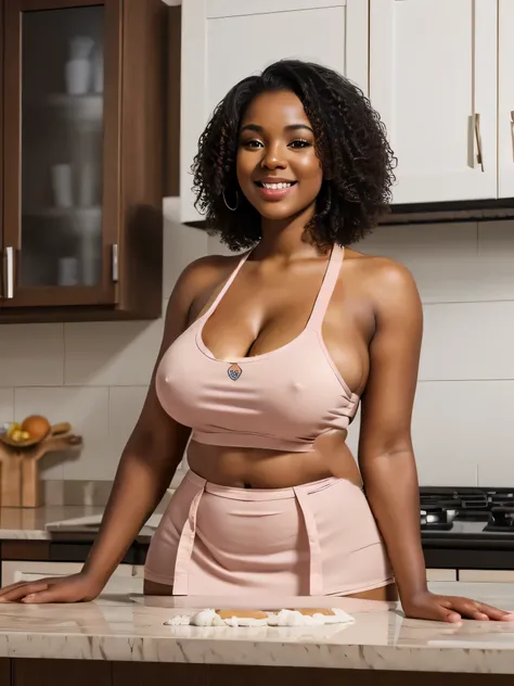 (Maintain the face of the previous prompt) An ultra hot young beautiful African woman, age 20, black curly hair, height 5′ 6″, masterpiece, best quality, in the kitchen, behind kitchen counter, kneading dough, pink kitchen apron, naked underneath, 8k octae...