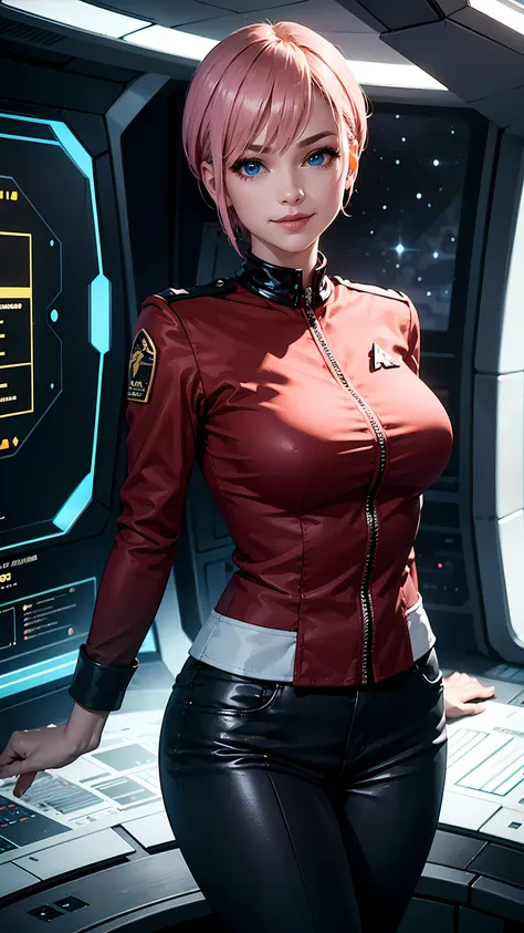 beautiful short hair woman is shown to have a sexy figure, she is wearing classic star trek red uniform, red shirt, black pants,...