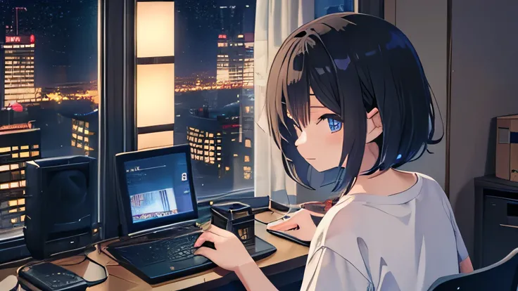 Japanese anime style、pretty girl、Headphones on、Bob Hair、Black Hair、T-Shirts、Back view of a man working on a computer in his room、There is a cup of coffee next to it、night、Outside the window is a starry sky、night scene