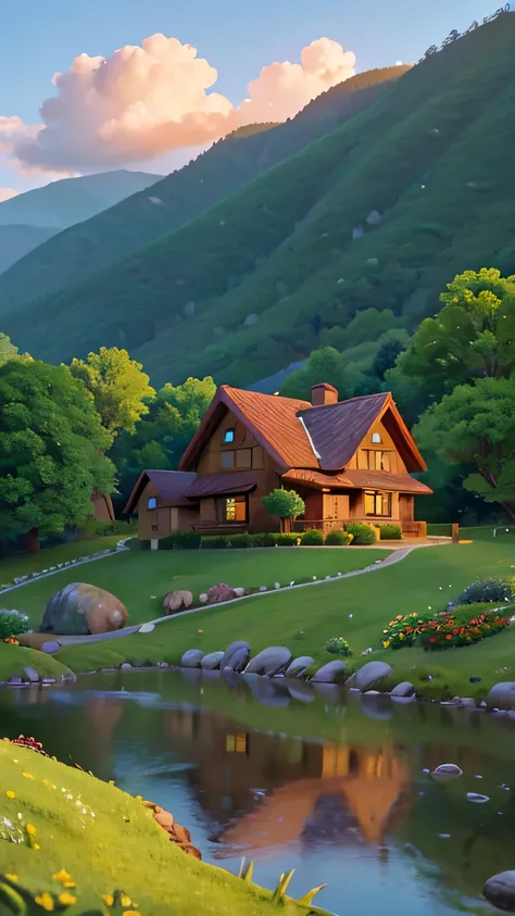 a picturesque hillside landscape,a small cozy house nestled in the background,a vibrant pixar-style sunset,dramatic lighting,lush green foliage,rolling hills,detailed textures,serene atmosphere,beautiful sky with warm tones,tranquil pond reflecting the sce...