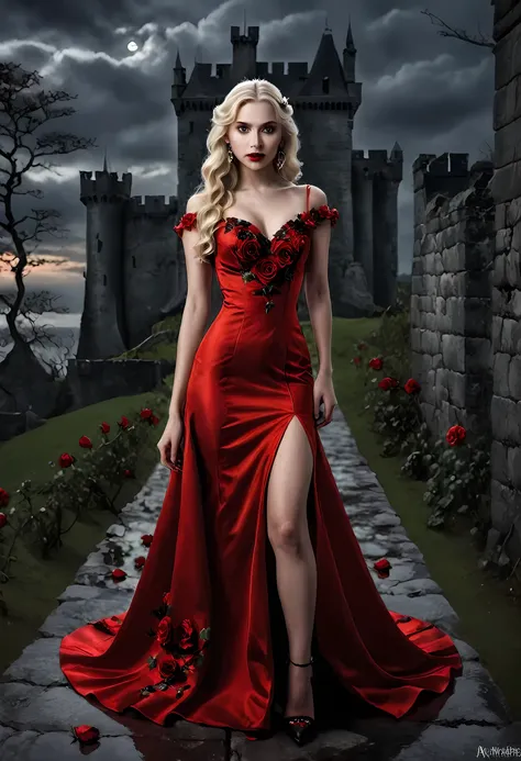 Dark fantasy art, fantasy art, goth art, a picture of a female vampire, exquisite beauty, full body shot, dark glamour shot, pale white skin, blond hair, long hair, wavy hair, (glowing grey: 1.3) eyes, she wears a (red: 1.3) red dress, ArmoredDress, the ro...