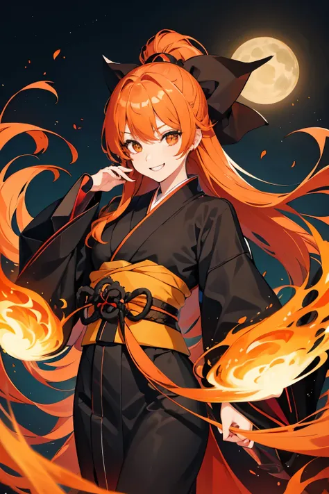 girl, orange hair, long hair, black shihakusho, black kimono, black hakama, smile