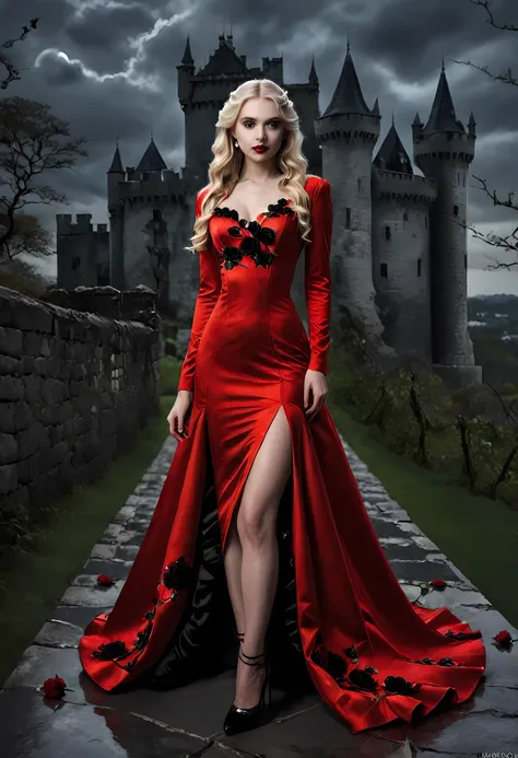 Dark fantasy art, fantasy art, goth art, a picture of a female vampire, exquisite beauty, full body shot, dark glamour shot, pale white skin, blond hair, long hair, wavy hair, (glowing grey: 1.3) eyes, she wears a (red: 1.3) red dress, ArmoredDress, the ro...