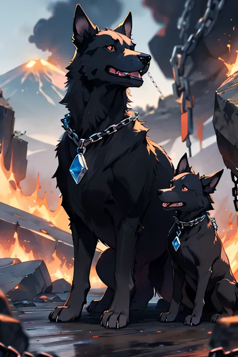 large three headed vicious dog wrapped in chains with a volcanic background around it and has a single gem on each of its heads