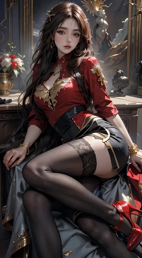 ((Masterpiece, Highest quality)), Detailed face, CharacterDesignSheet,full bodyesbian, Full of details, Multiple poses and expressions, Highly detailed, Depth, Many parts,beuaty girl,cinmatic lighting,with light glowing,Red and gold,Phoenix decoration,ligh...