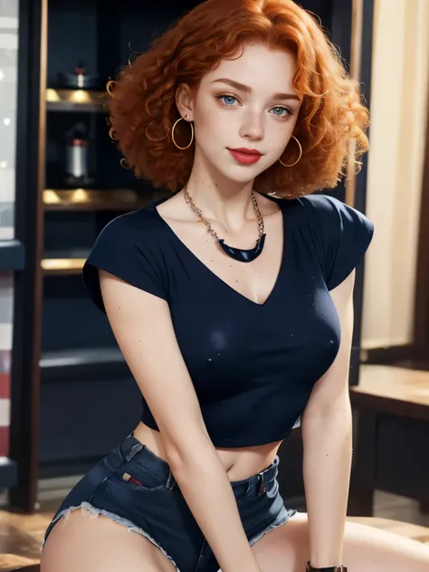 Caucasian woman, redhead, ((curly hair)), medium hair, honey eyes, lined eyes, (shiny eyes), highlights eyes, ((freckles on face)), red lipstick, makeup, smile, ((freckles on body)), athletic body, ((small breasts)), nipples, (((legs))), ((((navy blue top)...