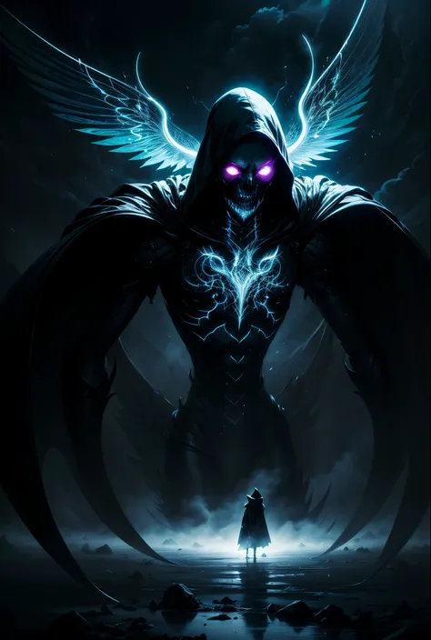 A high-fantasy horror portrait of a hooded shadowy celestial being with luminous spectral wings coming out of its back that are made completely of glowing light. He is surrounded by dark necrotic clouds, fog and mist. Eldritch energy.