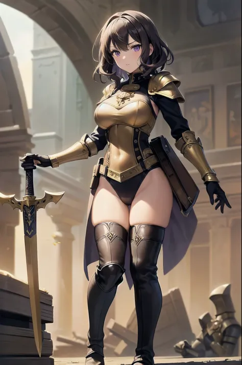 masterpiece, best quality, 1girl, 22 years old, brown hair, wavy hair, short hair, purple eyes, (gold medieval armor), (eagle (symbol) on chest), gauntlets, (leotard, matching leotard, bare legs), (thighhigh leggings, boots, matching boots), standing, (hol...