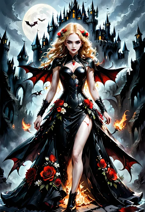 Dark fantasy art, fantasy art, goth art,  a picture of a female vampire, exquisite beauty, full body shot, dark glamour shot,  pale white skin, blond hair, long hair, wavy hair, (glowing grey: 1.3) eyes,  she  wears a (red: 1.3) red dress, ArmoredDress, th...