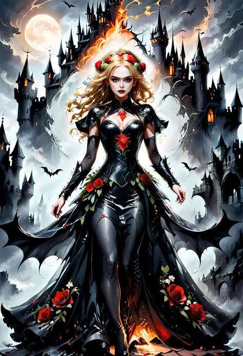 dark fantasy art, fantasy art, goth art,  a picture of a female vampire, exquisite beauty, full body shot, dark glamour shot,  p...