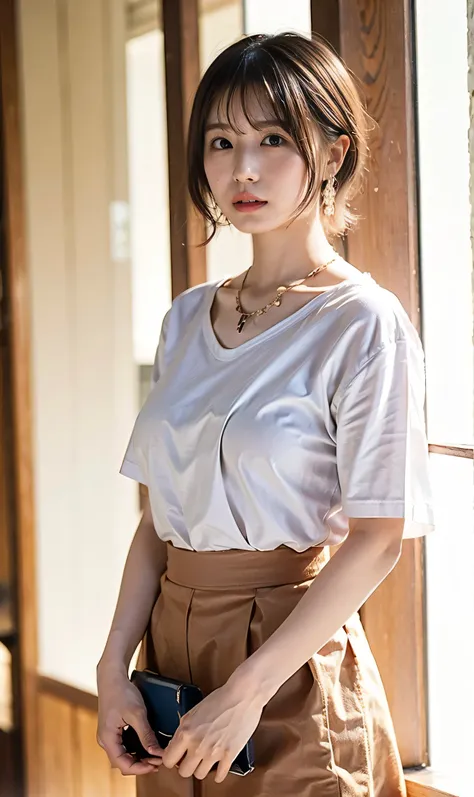 outdoor shot、cute clothes、tie your hair up、her huge breasts are obvious even from her clothes.、small earrings、light brown hair c...