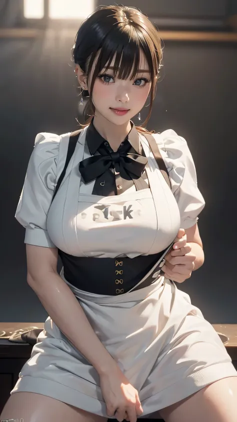 apron,sweat,(random sex pose:1.2),(random hairstyle),(thin type:1.5),(large breasts),(highest image quality,(8k), ultra-realisti...