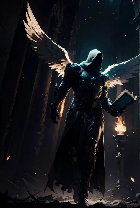 male, (((mysterious))), glowing eyes, hooded angel, (((holding a book))), battle archangel, angel white robes, holly light, energy, fire sword, field day background,