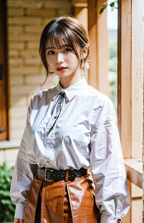 （（Outdoor Shots））Outdoor Shot、Cute clothes、Tie your hair up、cream hair color、Leather Belt、Her huge breasts are obvious even from her clothes.、Small earrings、Light brown hair color、Tie your hair up:1.4））、Shiny Hair、Light beige hair color、Background Blur、Bra...