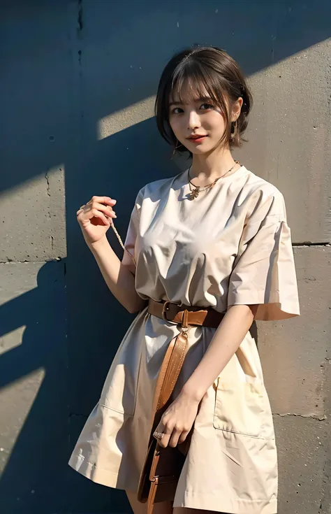 （（Outdoor Shots））Outdoor Shot、Cute clothes、Tie your hair up、cream hair color、Leather Belt、Her huge breasts are obvious even from her clothes.、Small earrings、Light brown hair color、Tie your hair up:1.4））、Shiny Hair、Light beige hair color、Background Blur、Bra...