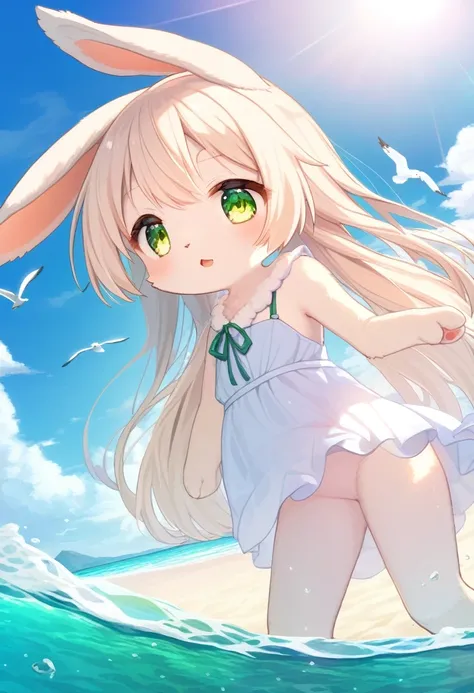 ((Masterpiece)), ((Best Quality)), (Very Detailed), (Very Detailed)), 4K, (8K), very aesthetic, absurdres, highres, 1 girl, furry, (kemono, anthropomorphic rabbit:1.3), Emerald green sea with white sandy beaches, highly transparent seawater, frolic on the ...