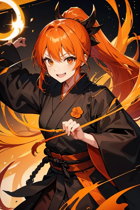 girl, orange hair, long hair, ponytail, black shihakusho, black kimono, black hakama, smile