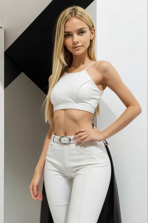 (blonde girl)(olhos azuis)(pele branca) maquiagem, mascara, soft lips, fundo branco simpless, minimalismo, paletas de cores simpless, limpo, designs refinados, silhuetas fluidas, tight leather pants, Black pants high waist, luvas pretas, Top branco sem man...