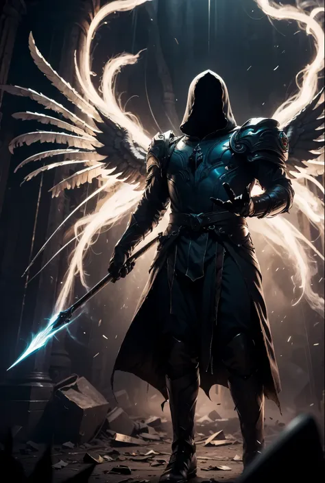 (body postrait:1.4), male, (((mysterious))), glowing eyes, hooded angel, (((holding a book))), battle archangel, angel white rob...