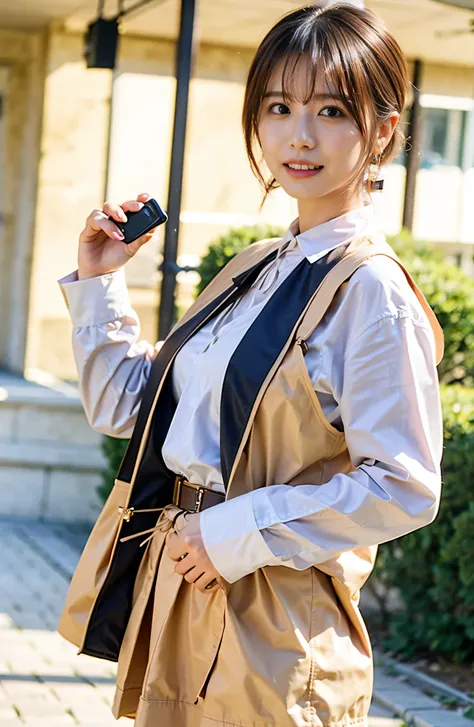 （（cream hair color、Shooting at the beach with smile:1.4））、No sleeve、Outdoor Shot、Cute clothes、Tie your hair up、cream hair color、Leather Belt、Her huge breasts are obvious even from her clothes.、Small earrings、Light brown hair color、Tie your hair up:1.4））、Sh...