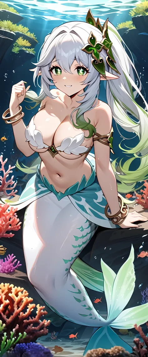 (masterpiece), best quality, expressive eyes, perfect face,1girl,nahida_(genshin impact),24-year old girl,mermaid,big breasts,cleavage,bracelets,(white scales:1.2),navel,full body,underwater forest,underwater coral reef background,pointy ears,long hair,hai...