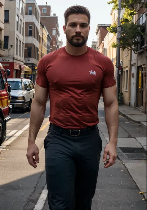 realistic photo of a alpha male man, virile mam, macho alpha male, caucasian white man, red t-shirt, black pants, a fireman, on street, sunshine, alpha fireman, alpha male, handsome, perfect face, short perfect beard,, military hair