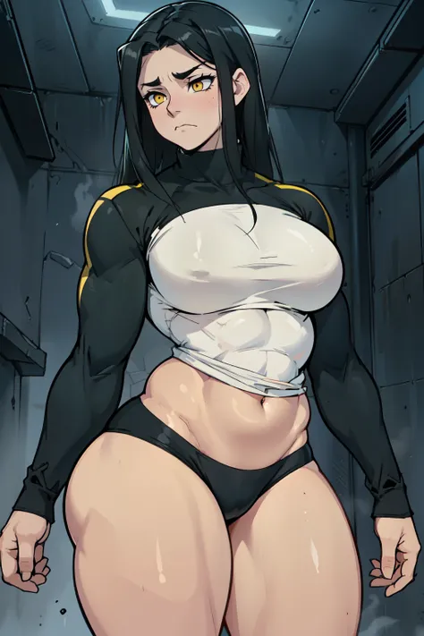 sad girl muscular muscular muscular breasts breasts breasts thick thick thick thick black hair yellow eyes pale skin pale skin thick thick thick long sleeve dark atmosphere thick thick thick thick thick thick muscular simple background sad sad sad sad tigt...