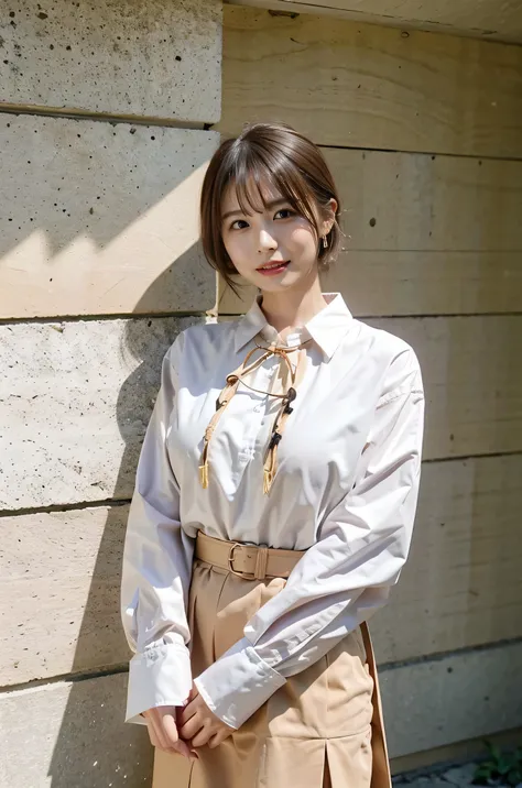 Japanese Idols、（（cream hair color、Shooting at the beach with smile:1.4））、No sleeve、Outdoor Shot、Cute clothes、Tie your hair up、cream hair color、Leather Belt、Her huge breasts are obvious even from her clothes.、Small earrings、Light brown hair color、Tie your h...