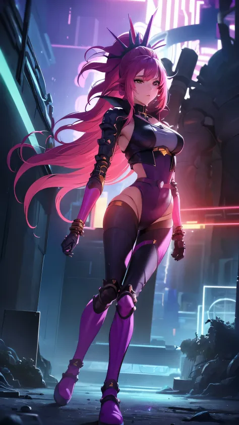 lacus4, (Biomechanical Dr. Mundo fusion with Fusion Shakos armor, Selena-inspired red bodysuit, knee-high boots, and gauntlets), (striking pose, battle-worn environment, dark and gritty atmosphere, 8K, Best Quality, Cyberpunk style: 1.5, serious, Male Cham...