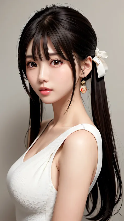 girl,whole body,(Detailed face:1.2), masterpiece, fashion,White Chinese Dress,, Medium Hair, Black Hair, Twin tails, Blunt bangs, Brown eyes,Beautiful breasts