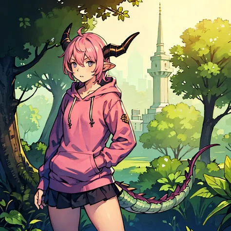 a male femboy with pink hair dragon horns and tail. dressed in a very baggy hoodie and skirt