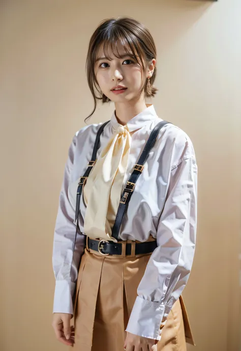 Japanese Idols、（（Dark beige hair color、Side Ponytail:1.4））、No sleeve、Outdoor Shot、Cute clothes、Tie your hair up、cream hair color、Leather Belt、Her huge breasts are obvious even from her clothes.、Small earrings、Light brown hair color、Tie your hair up:1.4））、S...