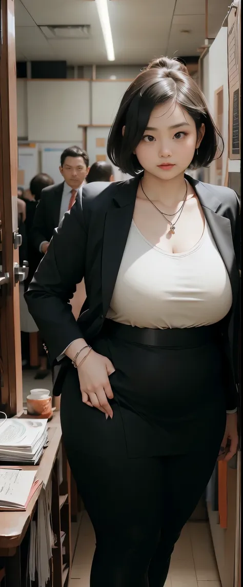 realisitic、Curvaceous woman standing alone, Woman in black business suit, with a business suit on, businesswoman, Woman in business suit, Wearing a white collar shirt under a suit、thick skirt、tight skirts、Girl in a suit, female in tight office dress, , Gir...