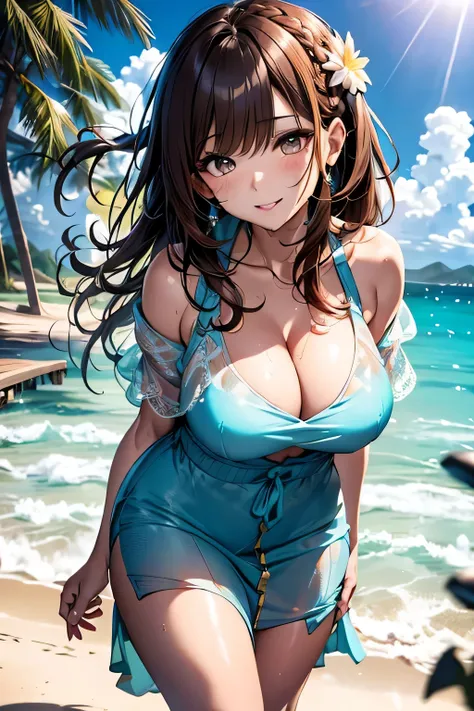 Warm sunshine,(((Ocean))),(((Woman standing on sandy beach:1.3)))、Accentuate your breasts、See-through white tight sweater dress、Off-the-shoulder tight sweater dress、(Reddish brown wet shiny hair)、(Floral braided headband、Half Up、Floral,),(Space Knitting、Vo...