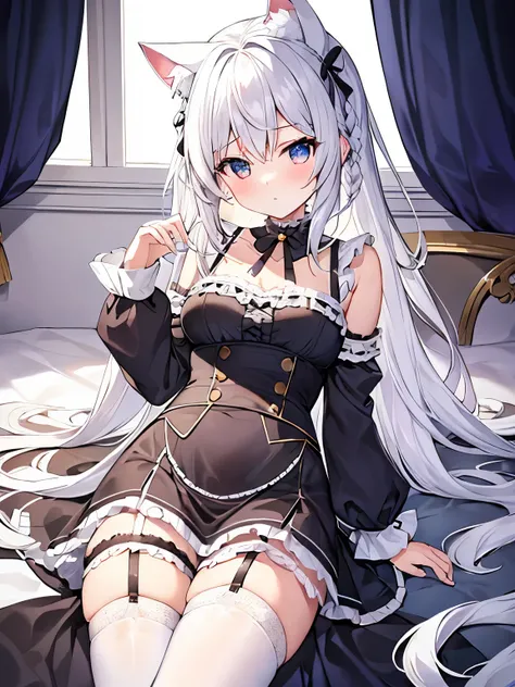 masterpiece, {{{{Highest quality}}}}, beautiful,1 girl, {{{White_long_hair}}}, {{{{One braid extending from the left side of the front hairline to the chest (one side only)}}}}, one side single braid, cat ears(White), cat tail(White), frilled choker、minisk...