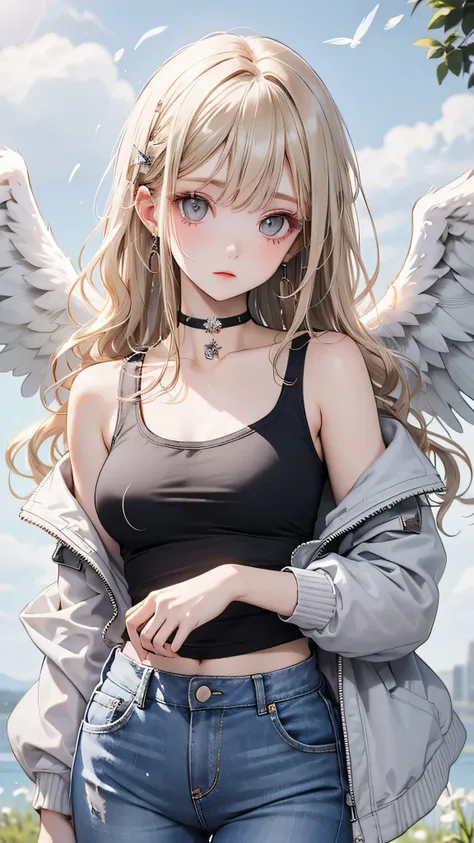 One girl, Medium chest, Blonde Hair, Long Hair, Wavy Hair, Grey Eyes, White Feather Wings, Angel, Outdoor, White jacket, choker, Tank top, jeans