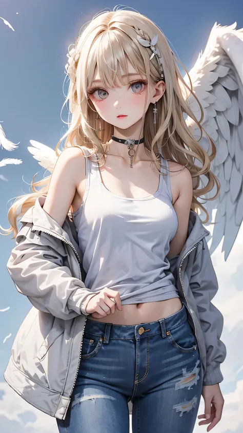 one girl, medium chest, blonde hair, long hair, wavy hair, grey eyes, white feather wings, angel, outdoor, white jacket, choker,...