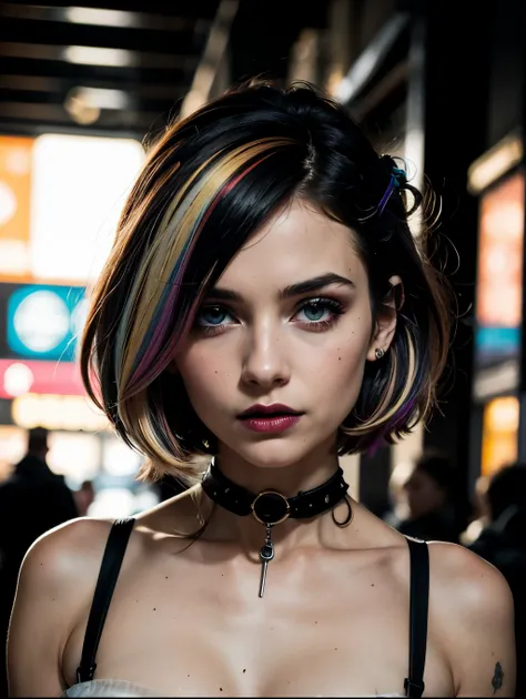 Photo brute, superbe photo dans un style cyberpunk, fermer, fille cyberpunk, cheveux longs multicolores (roses, noirs, blancs), maquillage lumineux, forme d'Athlete, veste de cuir, bracelets sur les bras, Short en cuir, protections sur les bras et les ...