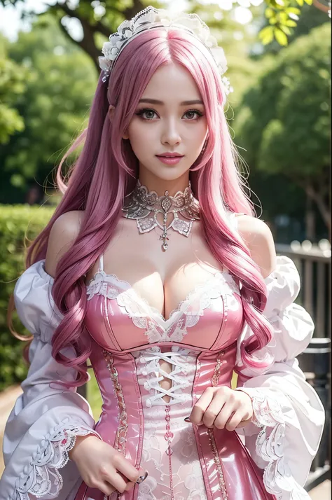 sexy stylish Swedish model, only 1 female, ((doll-like appearance)), long neon pink stylish hair, ((shiny Victorian-Style boots)), (big smile), ultra detailed eyes, very detailed eye makeup, lipgloss, long lashes, defined eyebrows, ((sexy Paradise Kiss cos...