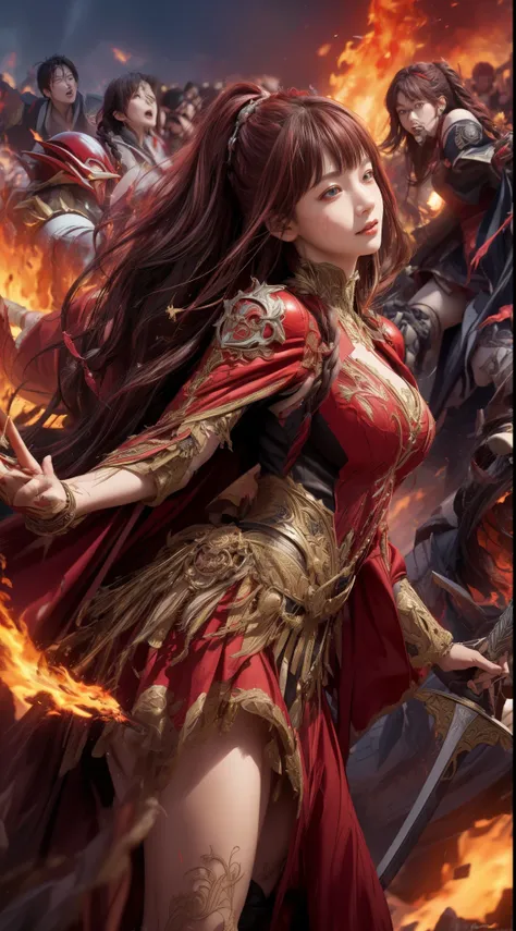 Very beautiful woman、Slender women、(Detailed face)、Realistic Skin、((Knight of Fire)), (((Red Armor:1.25)))、((((Black armor with very fine and intricate decoration))))、((Delicate photo))，(Girl Astepeace RAW Photo Details:1.25), (highest quality:1.6), (超A hi...