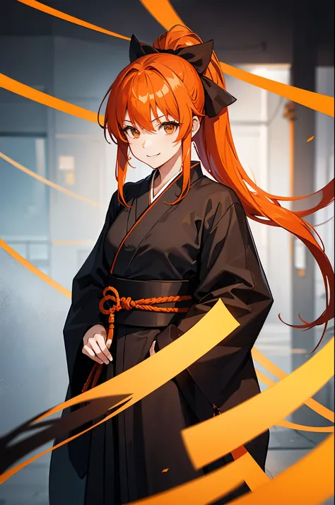 girl, orange hair, long hair, ponytail, black shihakusho, black kimono, black hakama, smile