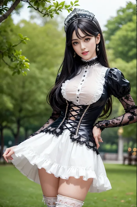 sexy stylish Spanish model, only 1 female, ((doll-like appearance)), ((ultra detailed Victorian-Style boots)), (big smile), ultra detailed eyes, vivid eye makeup, lipgloss, long lashes, defined eyebrows, ((sexy Paradise Kiss cosplay)), bell-shaped skirt, p...