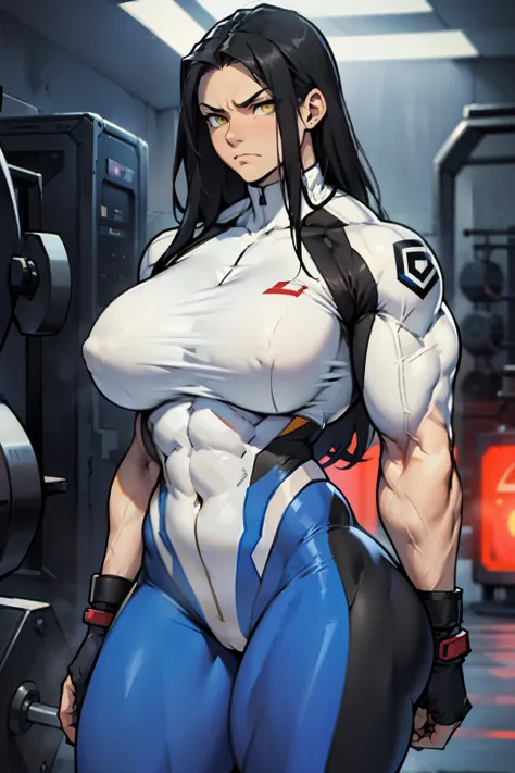 huge muscles huge breasts huge thighs pale skin black hair yellow eyes very long hair muscular girl sad frown expressionless huge muscles huge breasts huge thighs huge muscles huge breasts huge thighs skintight suit