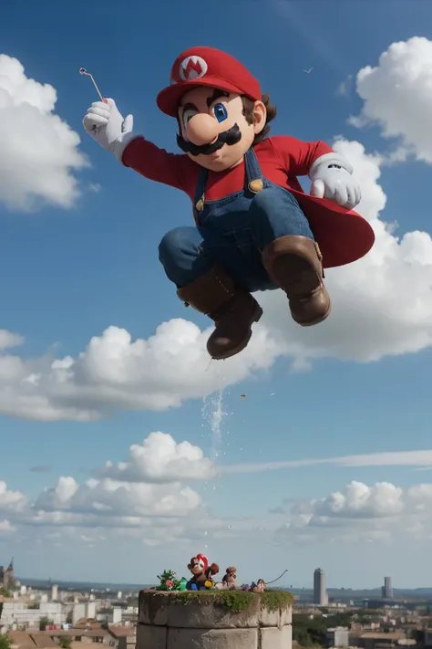 mario bros saltando en el cielo heroicamente

