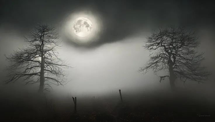 A haunted forest, mood, fog, mist, dark, creepy, night, full moon, trees, spooky, art by Yannick Bouchard