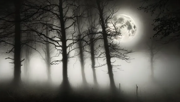 A haunted forest, mood, fog, mist, dark, creepy, night, full moon, trees, spooky, art by Yannick Bouchard