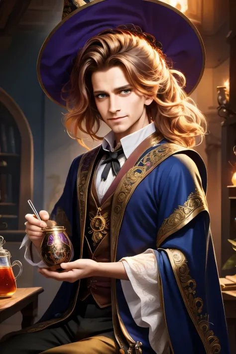 Masterpiece, best quality, wizard tea party, chibi, handsome male witch, beautiful witch, highly detailed realistic eyes, happy, vibrant, colorful,