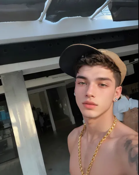 there is a man with a hat and a gold chain around his neck, 18 anos de idade, tommy 1 6 anos, 1 6 anos, rosto perfeito e menino, taken at the beginning of 2020, jovem grego, mateus 9 5, Marco Ariano, caio santos, ele tem cerca de 20 anos